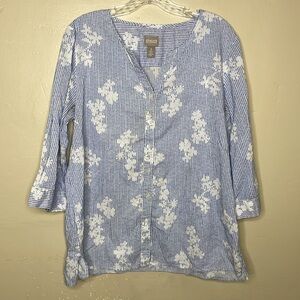 CHICO’S Top Blue & White Floral Cotton Button Front Coastal Grandma Size Lg